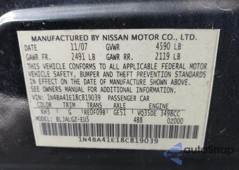 2008 Nissan Maxima 3.5 Sl from USA, damaged, VIN 1N4BA41E18C819039